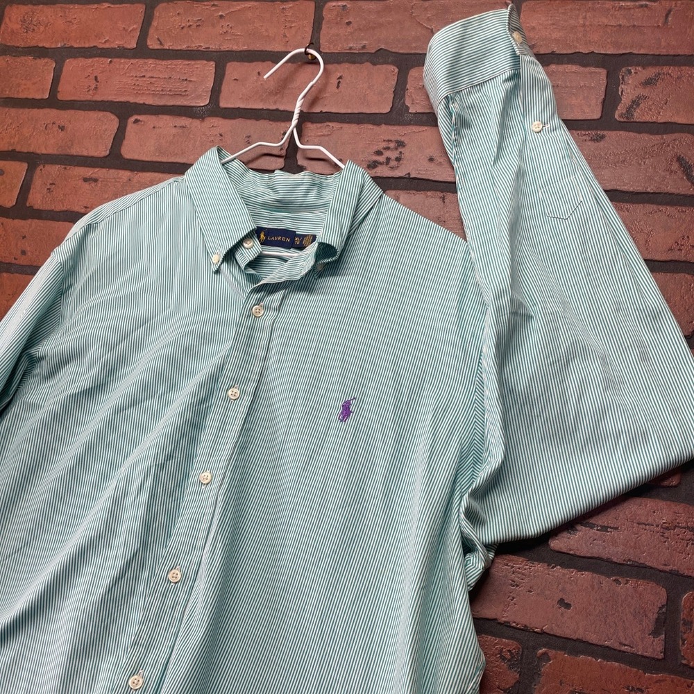 Ralph Lauren Men's XL Aqua Striped Cotton Button Down Shirt Polo Logo